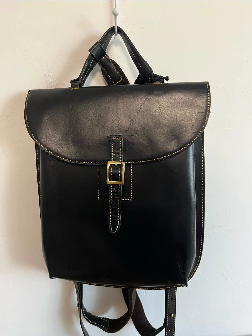 Classic Black Leather Travel Backpack with Brass Buckle Womens